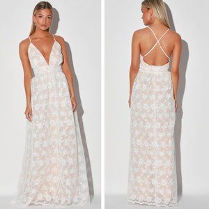 NEW Lulu's Ivywood White and Beige Embroidered Lace Backless Maxi Dress Floral
